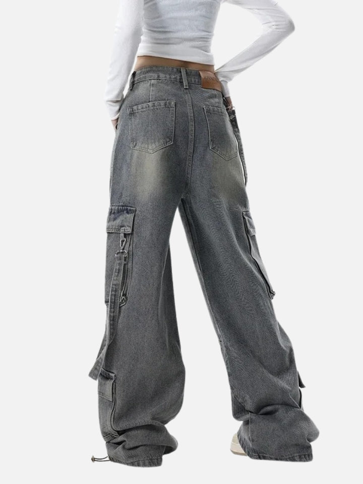 Calça Baggy Feminina Jeans Cinza Loose Fit