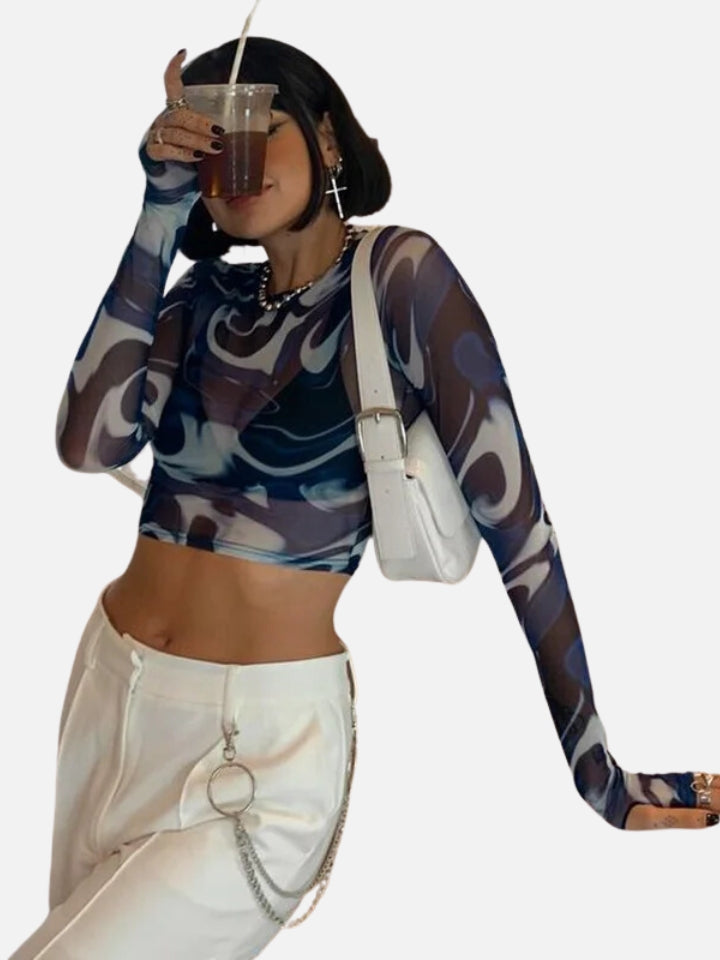 Cropped Feminino Azul de Manga Longa Aqua