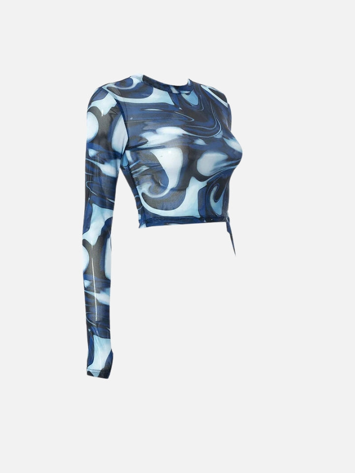 Cropped Feminino Azul de Manga Longa Aqua