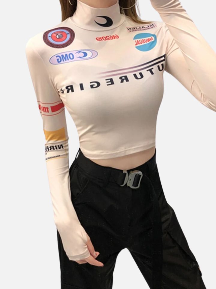 Cropped Feminino Manga Longa Branco 'Future Girl'
