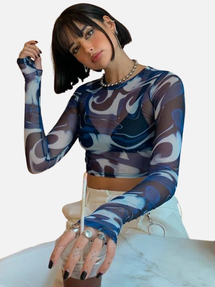 Cropped Feminino Azul de Manga Longa Aqua