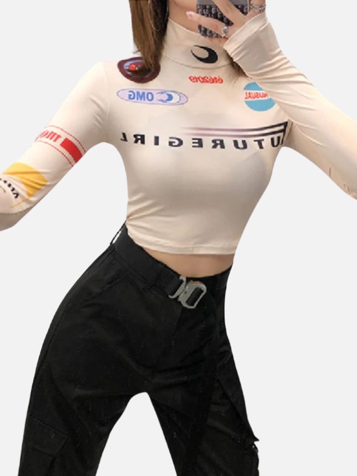 Cropped Feminino Manga Longa Branco 'Future Girl'