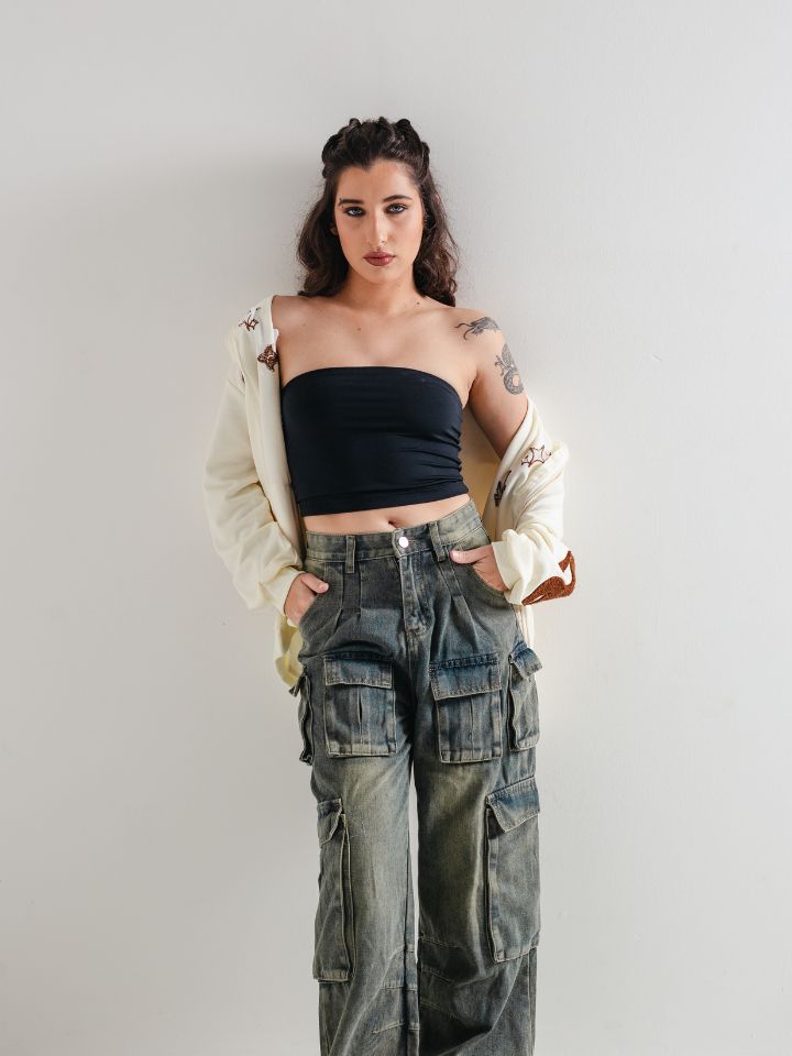 Calça Cargo Feminina Jeans 'High Trendy'